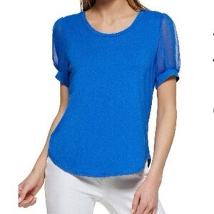 Dkny Puff Sleeved Mixed media ocean blue Sheer Sleeve Fitted T shirt‎ XL EUC